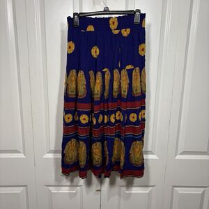 Boho Egyptian Print Skirt Womens M Blue Red Elastic Waist Festival Cottagecore